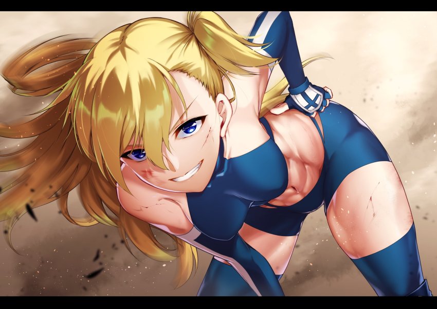 1girl, bad_id, bad_twitter_id, bent_over, bike_shorts, black_border, blonde_hair, blue_eyes