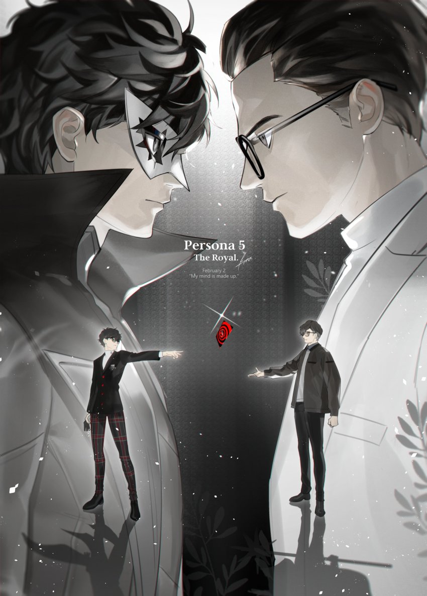 2boys, absurdres, amamiya_ren, black_hair, black_jacket, black_pants, btmr_game, calling_card
