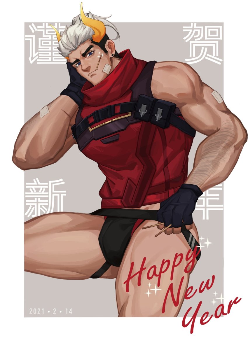 1boy, arm_hair, bandaid, bandaid_on_cheek, bandaid_on_face, bara, bare_arms, bare_shoulders, black_male_underwear, blouse, bulge, cow_horns, darius_(league_of_legends), expressionless, glowing_horns, happy_new_year, head_tilt, highres, horns, jiecaoxiong, jockstrap, large_pectorals, league_of_legends, lunar_beast_darius, male_focus, male_underwear, male_underwear_pull, mature_male, muscular, muscular_legs, muscular_male, new_year, official_alternate_costume, pectorals, pulling_own_clothes, red_shirt, shirt, short_hair, skindentation, sleeveless, sleeveless_shirt, solo, spread_legs, thick_eyebrows, thighs, undercut, underwear