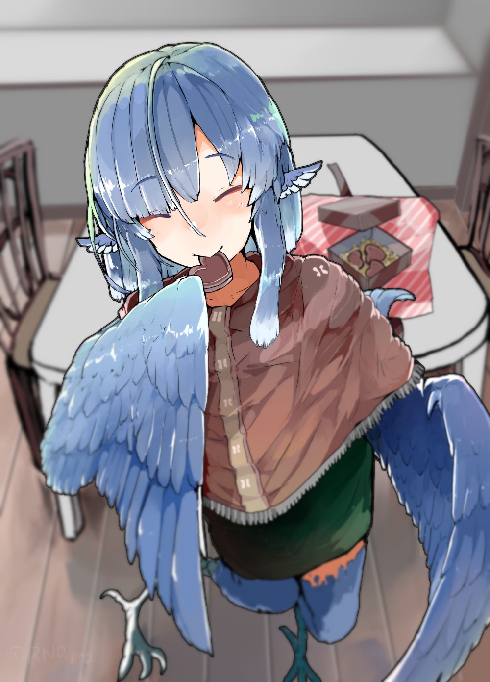 1girl, animal_ears, bird_ears, bird_legs, bird_wings, blue_feathers, blue_hair, blue_wings