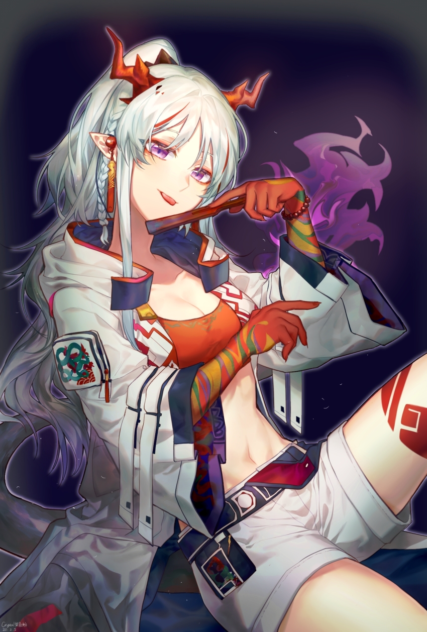 1girl, arknights, bead_bracelet, beads, blue_eyes, bracelet, braid, breasts