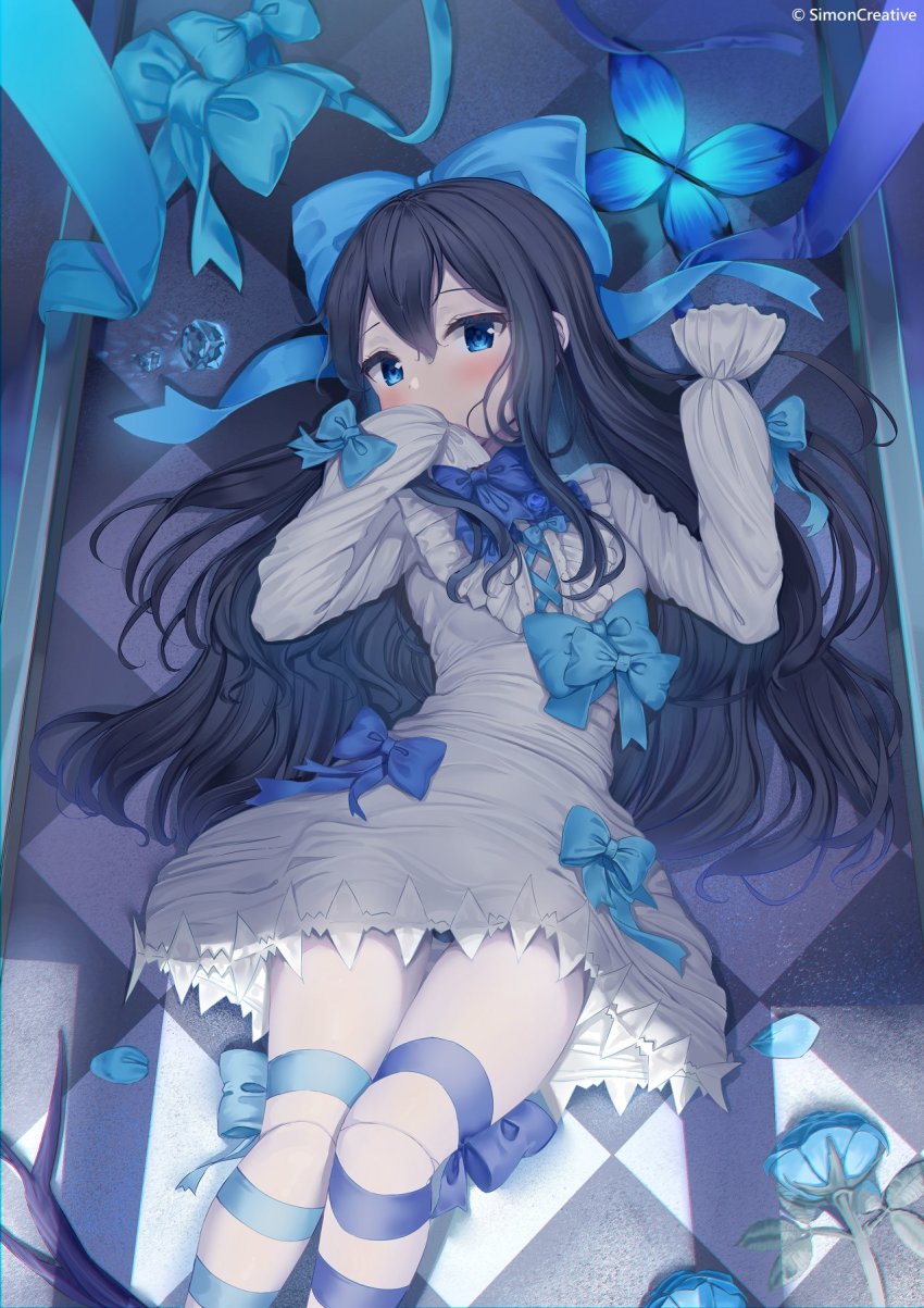 1girl, black_hair, black_panties, blue_eyes, blush, bow, commentary_request, covering_own_mouth