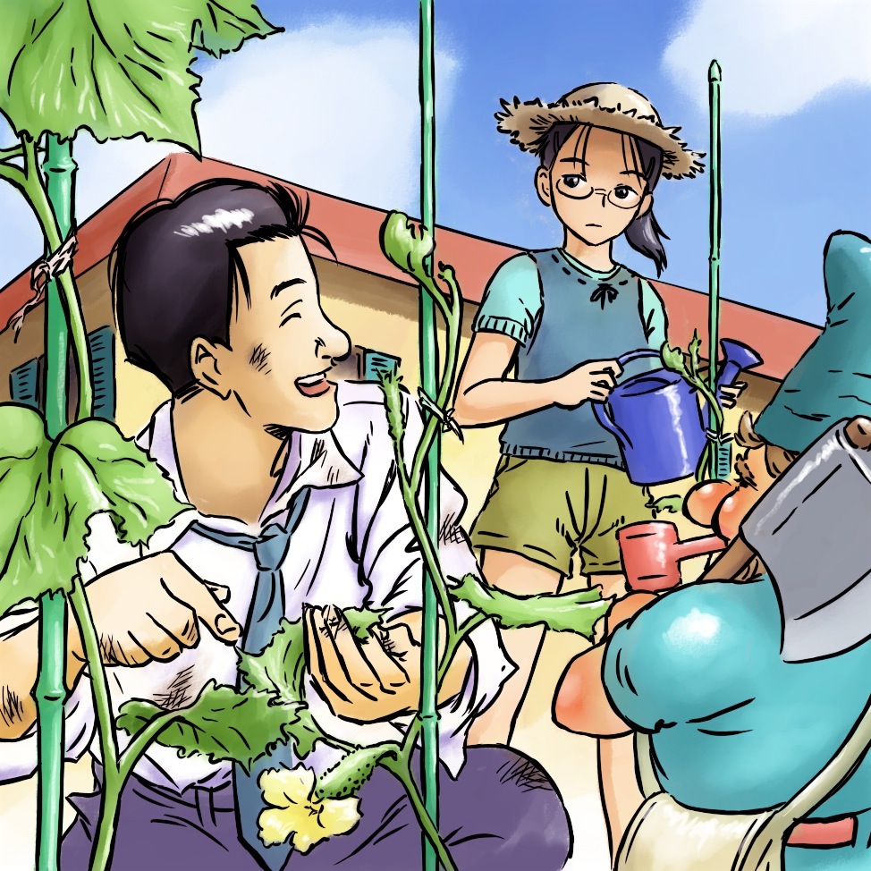 00s, blouse, blue_shirt, claes, crossover, day, glasses, gunslinger_girl, hat, long_hair, master_keaton, outdoors, peajon, plant, shirt, taichi_hiraga_keaton