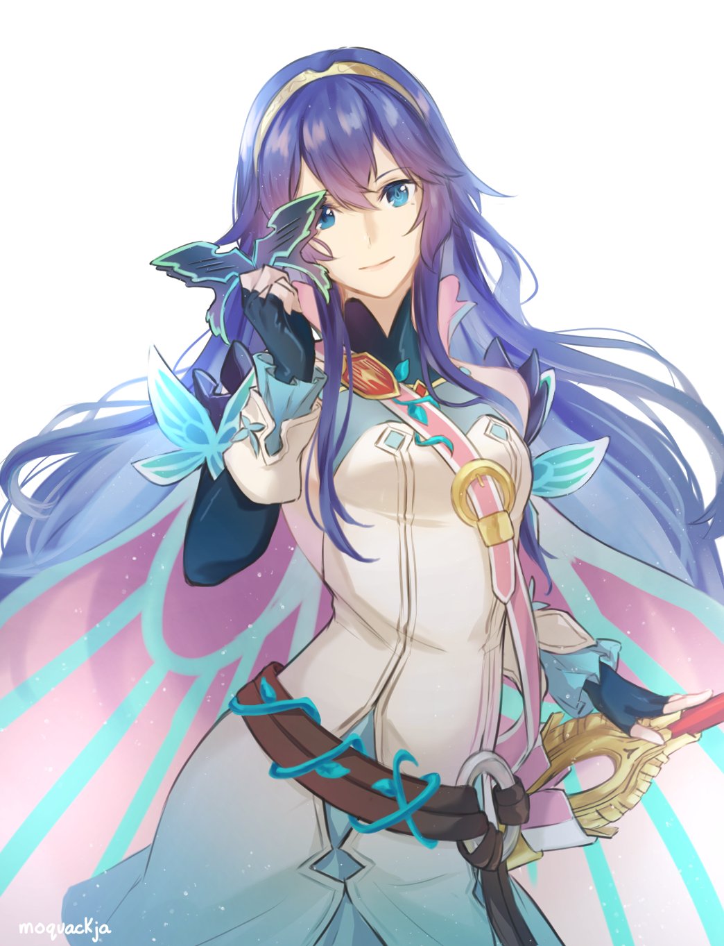 1girl, artist_name, blue_eyes, blue_gloves, blue_hair, closed_mouth, fairy_wings, falchion_(fire_emblem)
