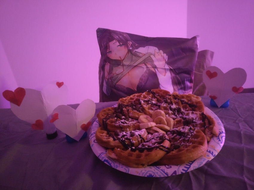 1girl, 2d_dating, absurdres, banana, banana_slice, breasts, chocolate, chocolate_syrup