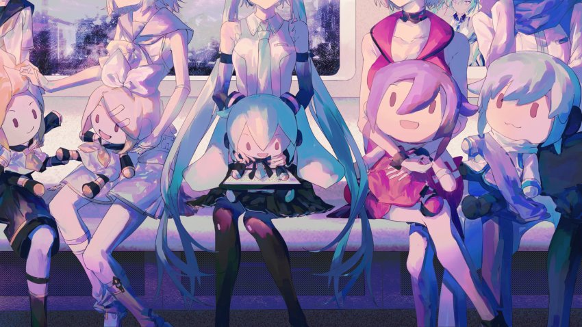 2boys, 3girls, :3, absurdres, aqua_hair, aqua_necktie, arm_warmers, bare_shoulders