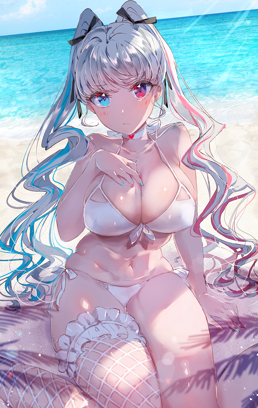 1girl, bare_arms, bare_shoulders, beach, bikini, black_ribbon, blue_eyes, blue_hair, blue_nails, blue_sky, breasts, choker, cleavage, closed_mouth, collarbone, commission, day, expressionless, fishnet_thighhighs, fishnets, frilled_thigh_strap, front-tie_bikini_top, front-tie_top, hair_ribbon, heart, heterochromia, highres, horizon, large_breasts, looking_at_viewer, multicolored_hair, nail_polish, navel, ocean, original, outdoors, pixiv_commission, red_eyes, red_hair, red_nails, ribbon, ribbon_choker, side-tie_bikini_bottom, single_thighhigh, sitting, sky, solo, streaked_hair, summer, swimsuit, thigh_strap, thighhighs, twintails, white_bikini, white_hair, white_thighhighs, yuzo