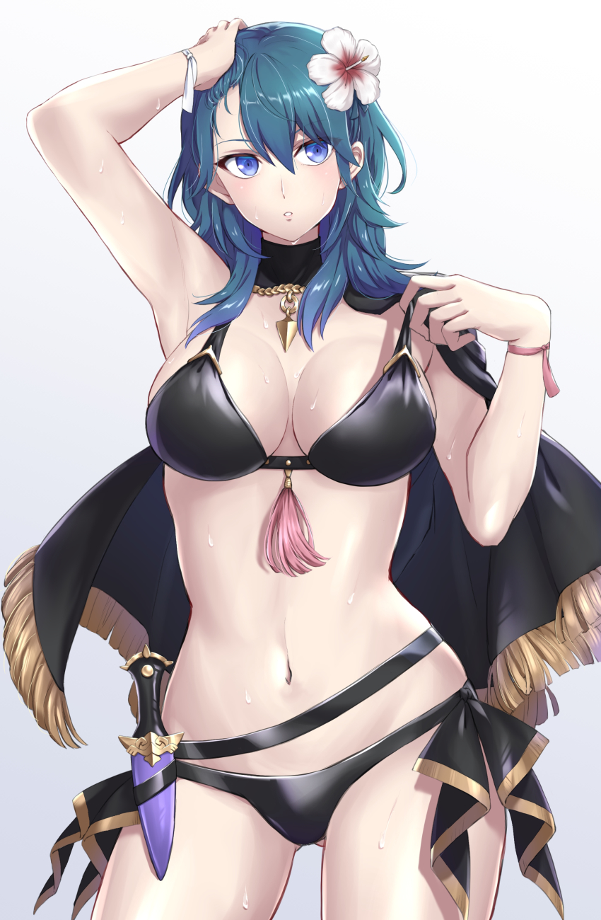1girl, absurdres, aqua_hair, arm_up, armpits, belt, bikini, black_bikini, black_cape, blue_eyes, blush, breasts, female_byleth_(fire_emblem), female_byleth_(summer)_(fire_emblem), cape, cleavage, commentary_request, cowboy_shot, dagger, fire_emblem, fire_emblem:_three_houses, fire_emblem_heroes, flower, gradient_background, hair_flower, hair_ornament, hand_up, hibiscus, highres, knife, large_breasts, looking_at_viewer, navel, nintendo, official_alternate_costume, parted_lips, partial_commentary, pulling_own_clothes, shinae, signature, simple_background, solo, standing, stomach, sweat, sweatdrop, swimsuit, thighs, weapon