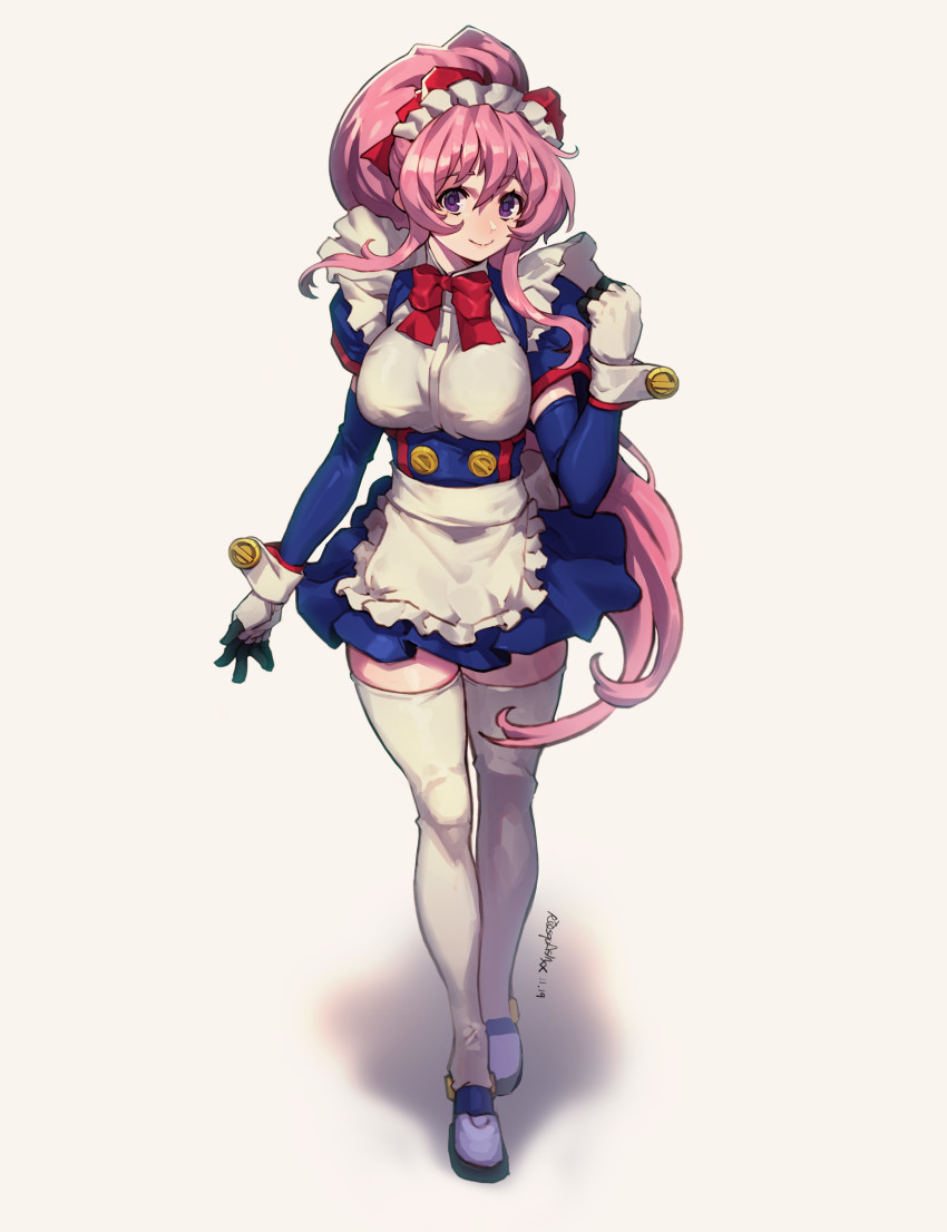 1girl, absurdres, apron, blue_dress, breasts, clenched_hand, dress, frilled_dress