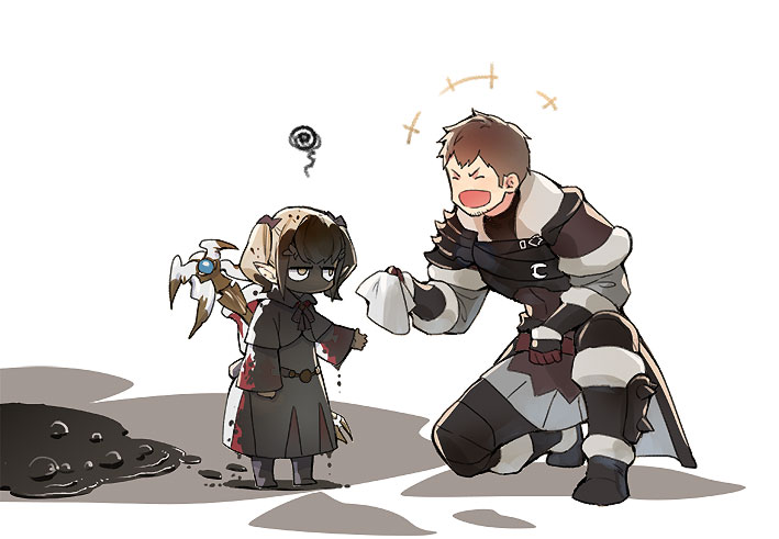 1boy, 1girl, annoyed, ardbert_hylfyst, armor, beard, blonde_hair, cloak, dirty, dirty_clothes, dirty_face, facial_hair, final_fantasy, final_fantasy_xiv, height_difference, hyur, kneeling, lalafell, lamitt, lm_0063, long_sleeves, pointy_ears, short_hair, shoulder_armor, staff, white_background, white_mage_(final_fantasy), yellow_eyes