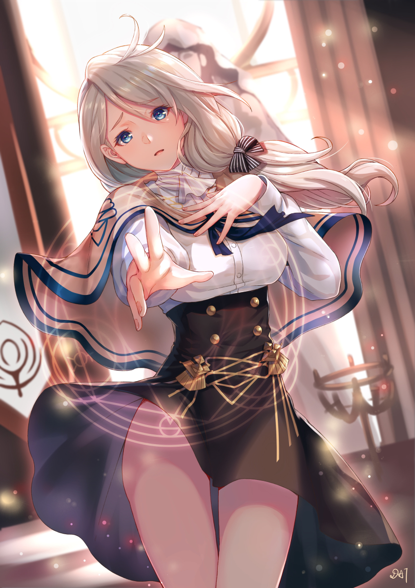 1girl, absurdres, ahoge, artist_name, beige_capelet, black_bow, black_skirt, blue_eyes, bow, breasts, capelet, chinese_commentary, commentary_request, cowboy_shot, crests_(fire_emblem), da-cart, dutch_angle, fire_emblem, fire_emblem:_three_houses, garreg_mach_monastery_uniform, hair_bow, hand_on_own_chest, high-waist_skirt, highres, large_breasts, light_particles, long_hair, long_sleeves, low-tied_long_hair, magic_circle, medium_breasts, mercedes_von_martritz, miniskirt, nintendo, parted_lips, shawl, shirt, signature, silver_hair, skirt, solo, standing, thighs, white_shirt