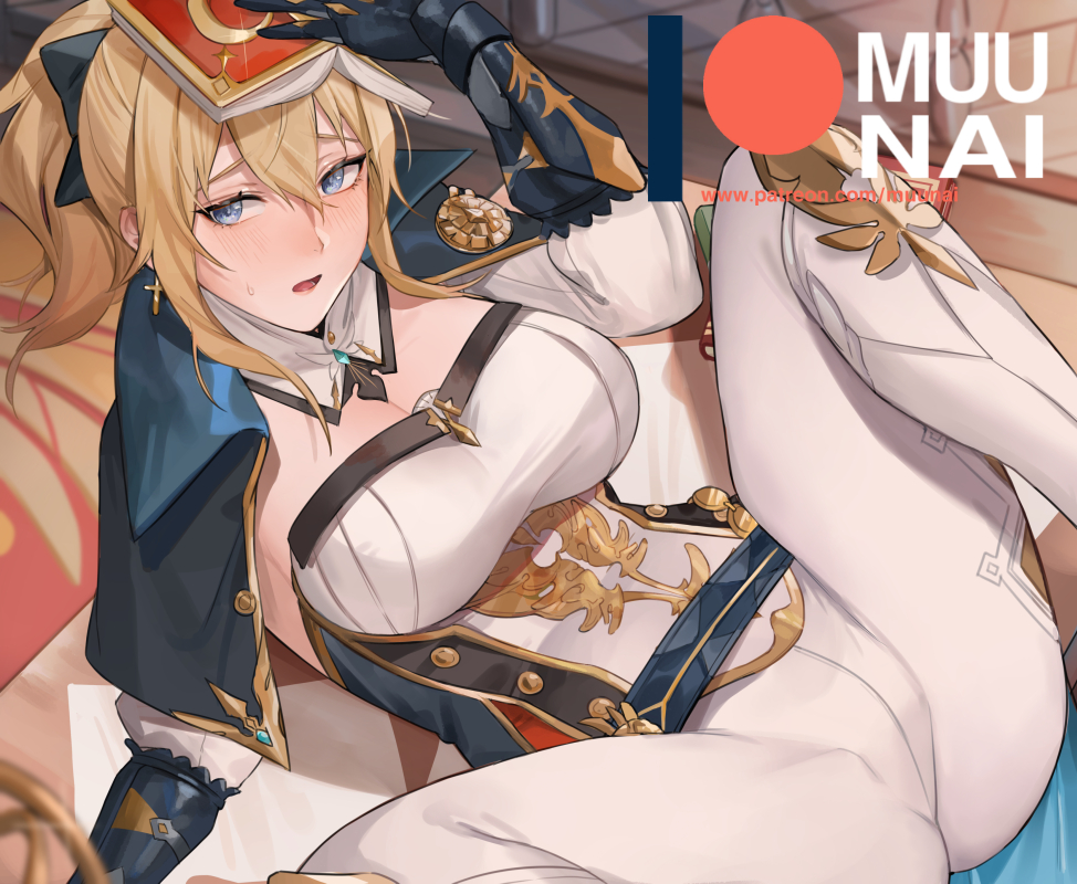 1girl, belt, blonde_hair, blue_capelet, blush, book, bow, breasts, capelet, cleavage, cross, cross_earrings, earrings, gauntlets, genshin_impact, hair_bow, holding, holding_book, jean_(genshin_impact), jewelry, large_breasts, long_hair, looking_at_viewer, lying, multicolored_capelet, muunai, on_back, open_mouth, pants, ponytail, sidelocks, solo, spread_legs, tight_clothes, tight_pants, white_pants