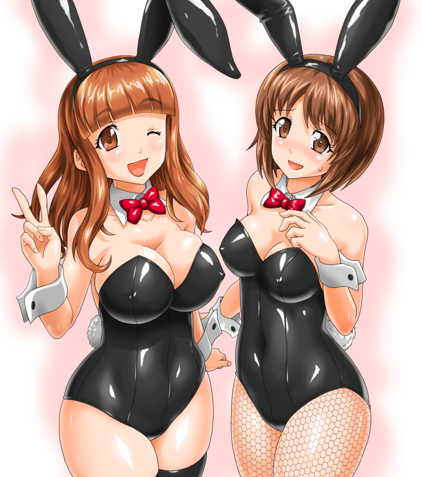 2girls, animal_ears, black_legwear, black_leotard, blunt_bangs, bow, bowtie, breasts