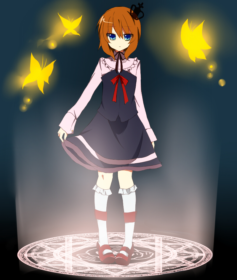 00s, 1girl, bad_id, bad_pixiv_id, blue_eyes, bug, butterfly, crown, dress, female_focus, glowing, insect, lolita_fashion, magic_circle, orange_hair, ribbon, socks, solo, summoning_circle, umineko_no_naku_koro_ni, ushiromiya_maria, white_socks, yuyupo