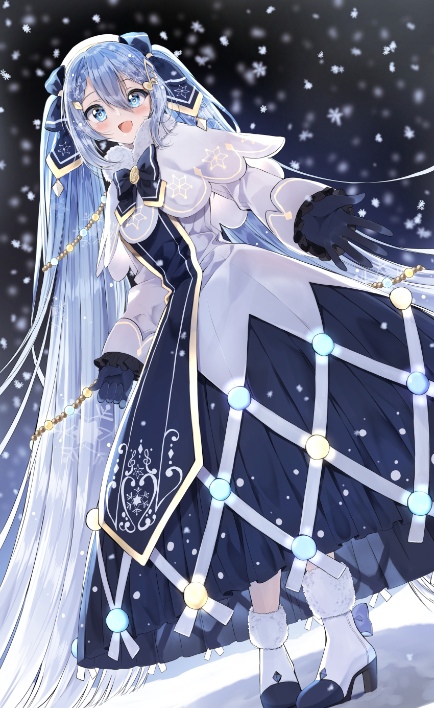 1girl, :d, absurdres, beret, black_gloves, blue_bow, blue_eyes, blue_hair