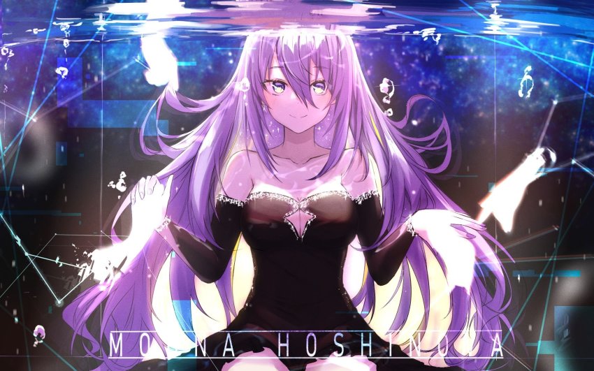 1girl, alternate_costume, bare_shoulders, black_dress, blonde_hair, breasts, character_name, cleavage