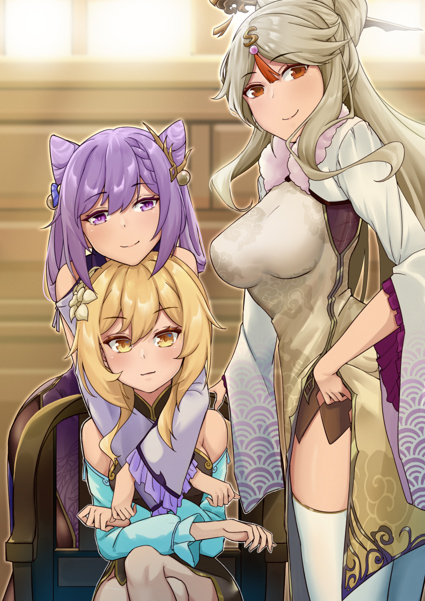 3girls, absurdres, alternate_costume, bare_shoulders, black_pantyhose, blonde_hair, bow, braid