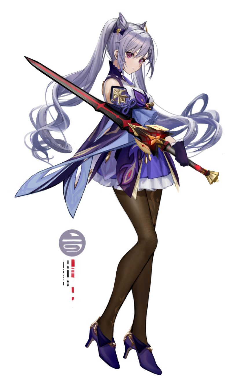 1girl, absurdres, bare_shoulders, black_pantyhose, black_sword, bow, braid, breasts, cone_hair_bun, detached_sleeves, double_bun, dress, frilled_dress, frilled_skirt, frilled_sleeves, frills, genshin_impact, gloves, hair_bow, hair_bun, hair_ornament, hairclip, high_heels, highres, holding, holding_sword, holding_weapon, keqing_(genshin_impact), pantyhose, purple_eyes, purple_hair, simple_background, skirt, solo, sword, takubon, twintails, weapon, white_background
