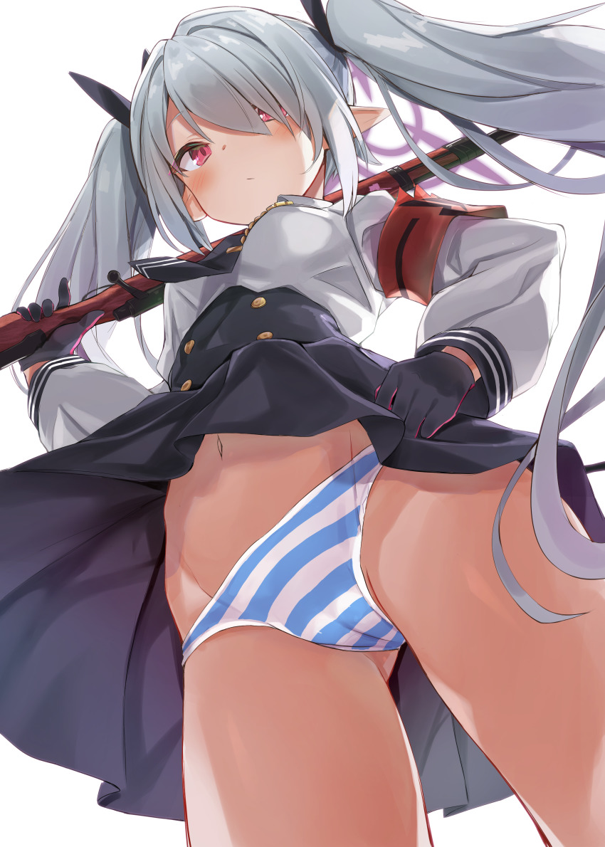 1girl, absurdres, armband, black_gloves, blue_archive, breasts, cameltoe, expressionless, from_below, gloves, gluteal_fold, gun, hair_over_one_eye, halo, hand_on_own_hip, highres, holding, holding_gun, holding_weapon, iori_(blue_archive), long_hair, long_sleeves, looking_at_viewer, medium_breasts, navel, necktie, panties, pointy_ears, red_eyes, school_uniform, silver_hair, simple_background, solo, striped_clothes, striped_panties, toshizou_(0714), twintails, underwear, weapon, white_background