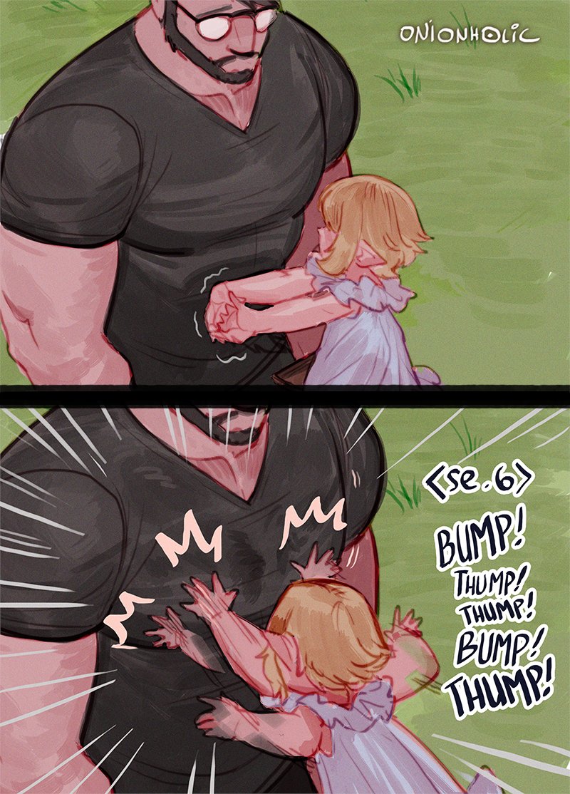 1boy, 1girl, bara, beard, black-framed_eyewear, black_hair, black_shirt, blonde_hair