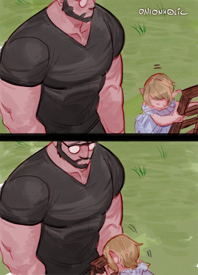 1boy, 1girl, bara, beard, black-framed_eyewear, black_hair, black_shirt, blonde_hair