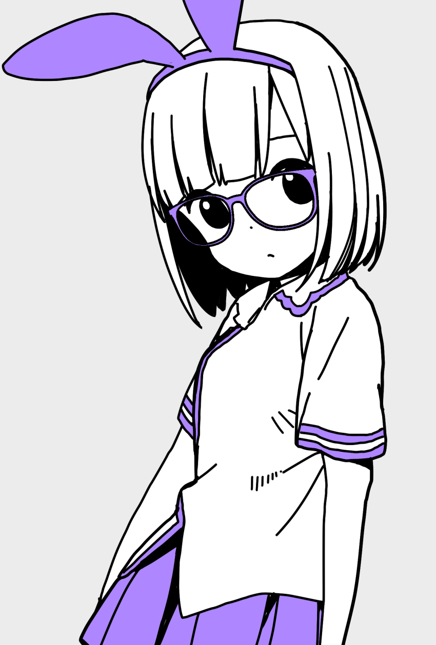 1girl, animal_ears, arms_at_sides, bespectacled, blunt_bangs, closed_mouth, collared_shirt, commentary_request