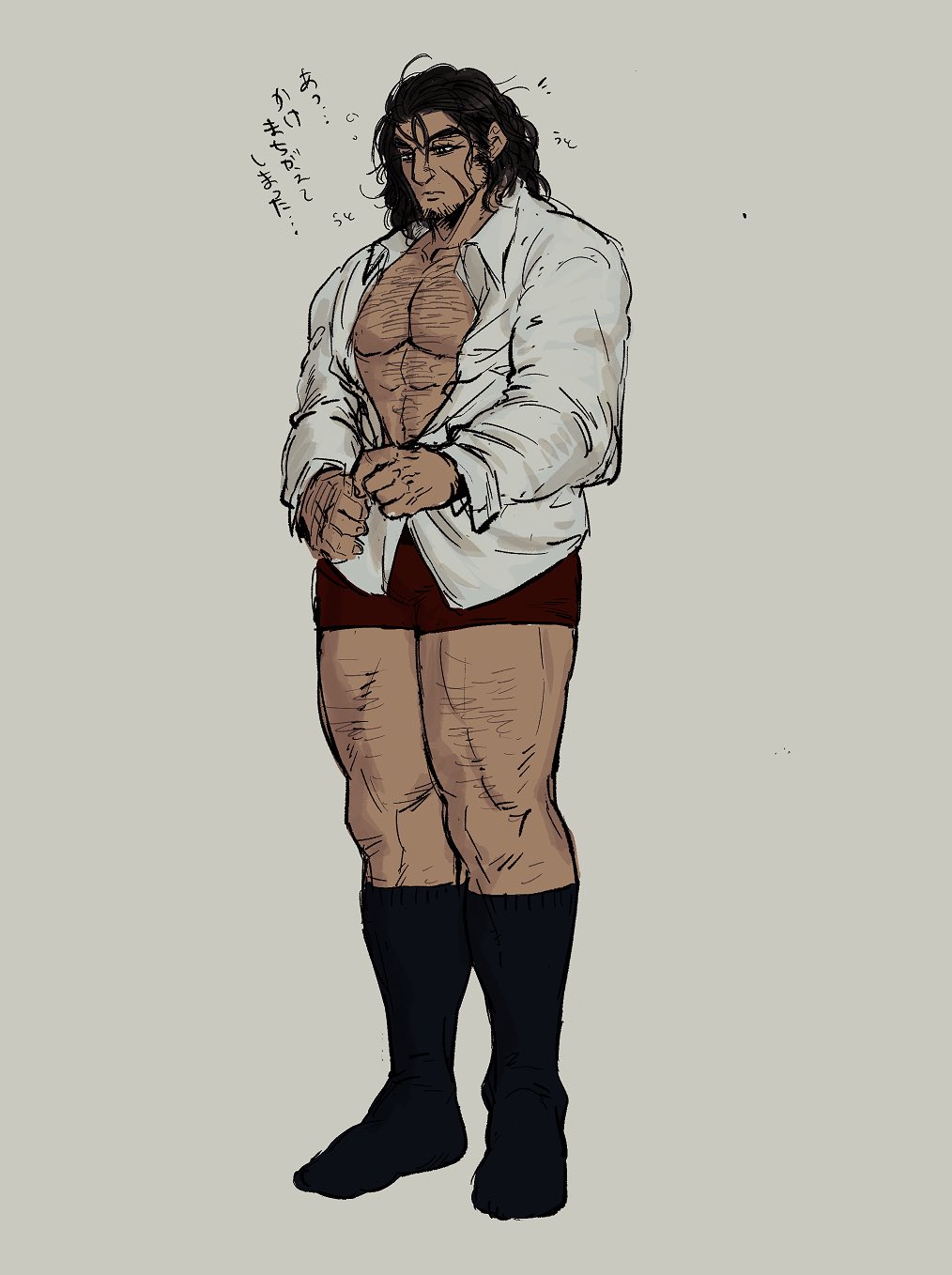 1boy, abs, bara, black_hair, boxers, bursting_pectorals, chest_hair, dark-skinned_male