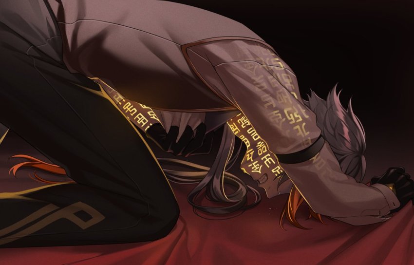 1boy, bent_over, black_background, black_gloves, black_hair, brown_hair, chisuke_1104, clenched_teeth