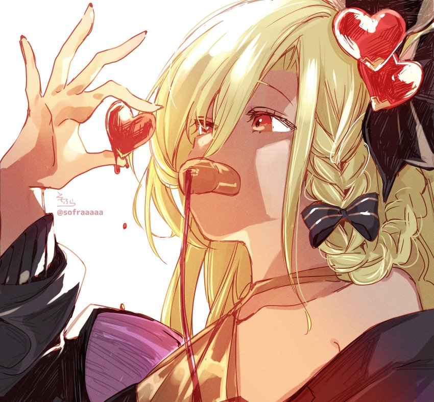 1girl, arm_up, bare_shoulders, black_bow, blonde_hair, bow, braid, collarbone