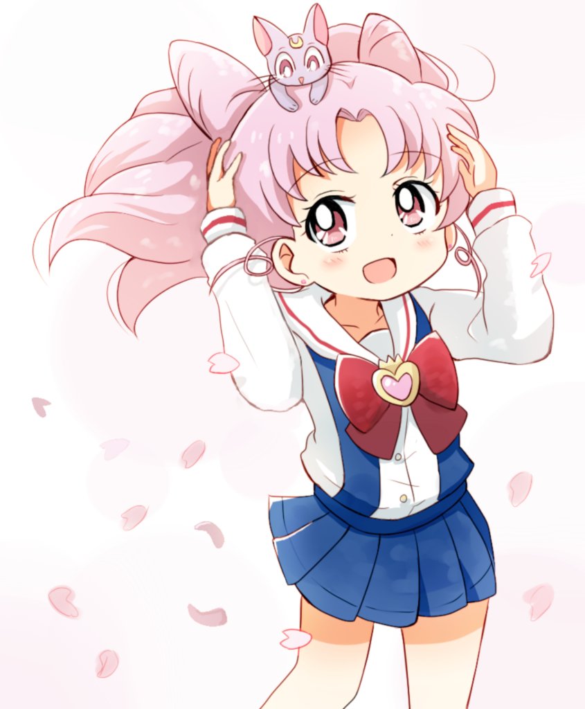 1girl, :d, animal, animal_on_head, bishoujo_senshi_sailor_moon, bishoujo_senshi_sailor_moon_supers, blouse, blue_skirt, blush, bow, bowtie, brooch, cat, cat_on_head, chibi_usa, commentary_request, cone_hair_bun, crescent, crescent_facial_mark, diana_(sailor_moon), earrings, facial_mark, falling_petals, floating_hair, hair_bun, happy, heart, heart_brooch, jewelry, long_sleeves, looking_up, nmemoton, on_head, open_mouth, parted_bangs, petals, pink_eyes, pink_hair, red_bow, red_neckwear, sailor_collar, school_uniform, serafuku, shirt, simple_background, skirt, smile, standing, stud_earrings, suspender_skirt, suspenders, two_side_up, white_sailor_collar, white_shirt, wind