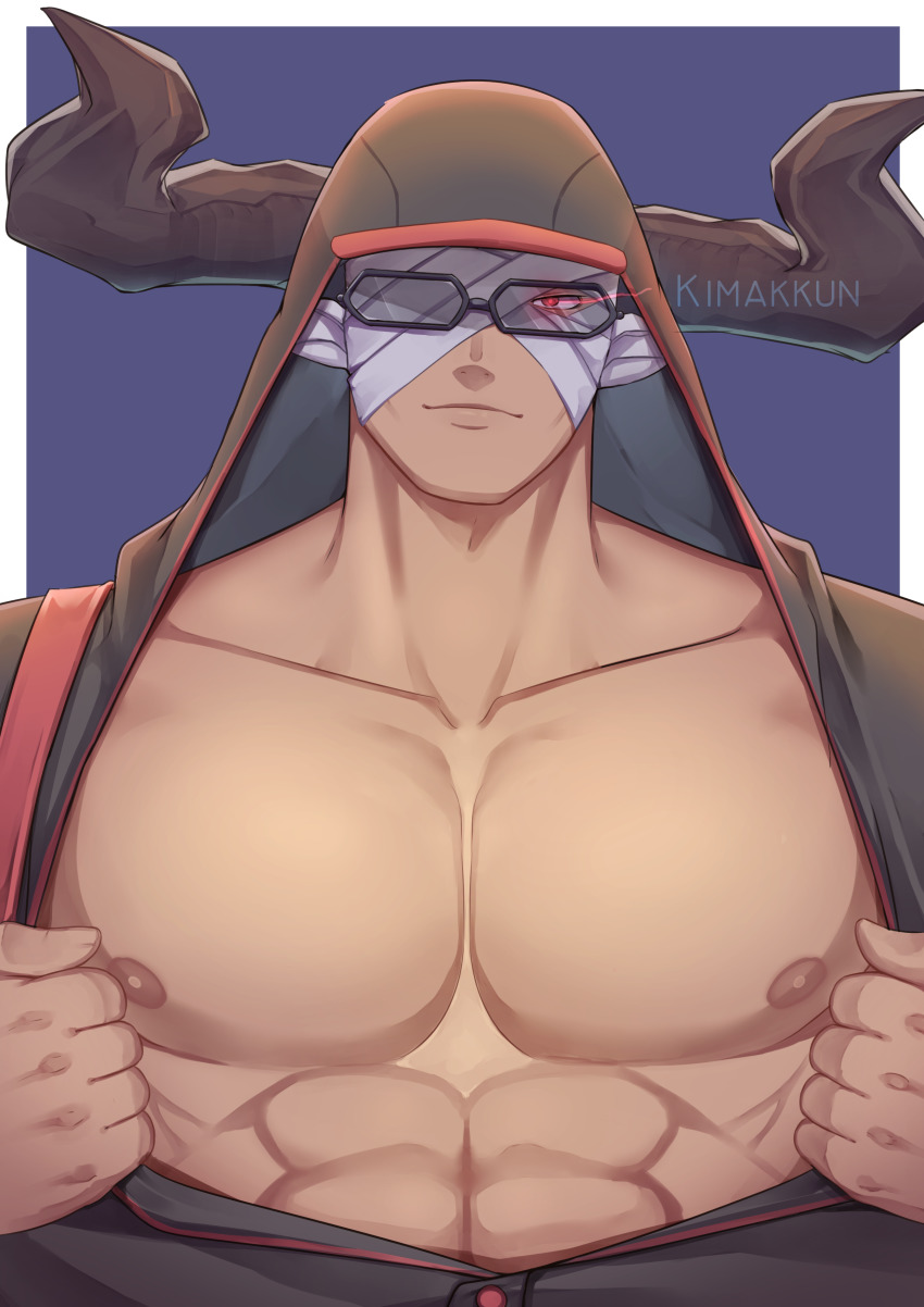 1boy, abs, absurdres, bandages, bara, bare_pectorals, black-framed_eyewear, black_jacket