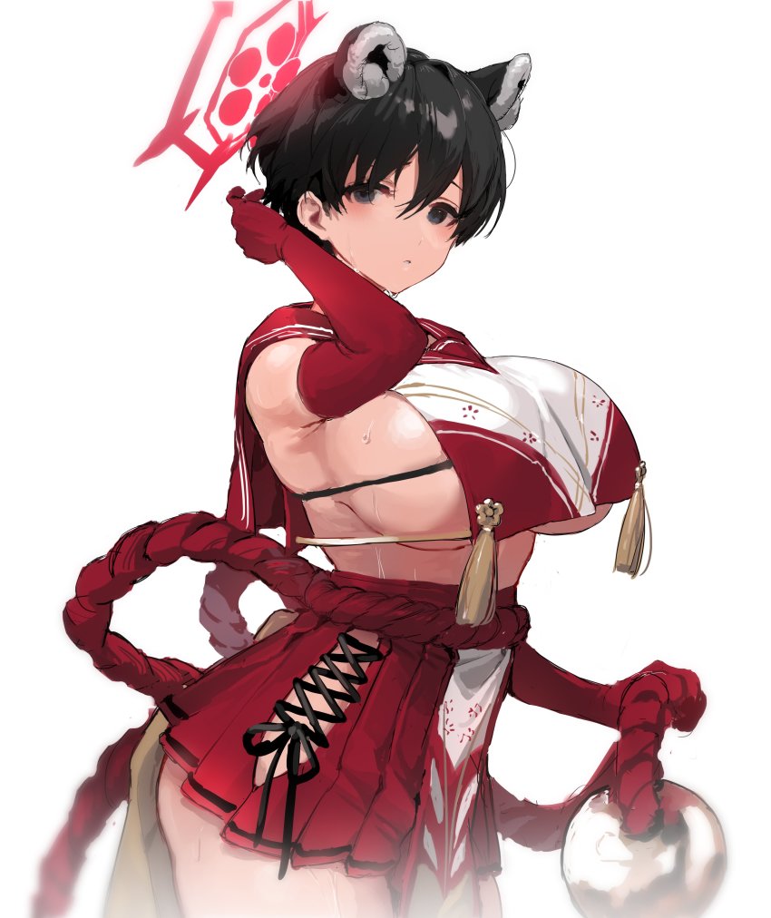 1girl, absurdres, animal_ears, black_eyes, black_hair, blue_archive, blush, breasts, closed_mouth, commentary, cowboy_shot, crop_top, crop_top_overhang, elbow_gloves, gloves, hair_between_eyes, halo, highres, large_breasts, looking_at_viewer, miniskirt, pleated_skirt, red_gloves, red_skirt, revealing_clothes, rope, sailor_collar, shirt, shisantian, short_hair, sideboob, simple_background, skindentation, skirt, solo, sweat, tassel, tsubaki_(blue_archive), white_background, white_shirt