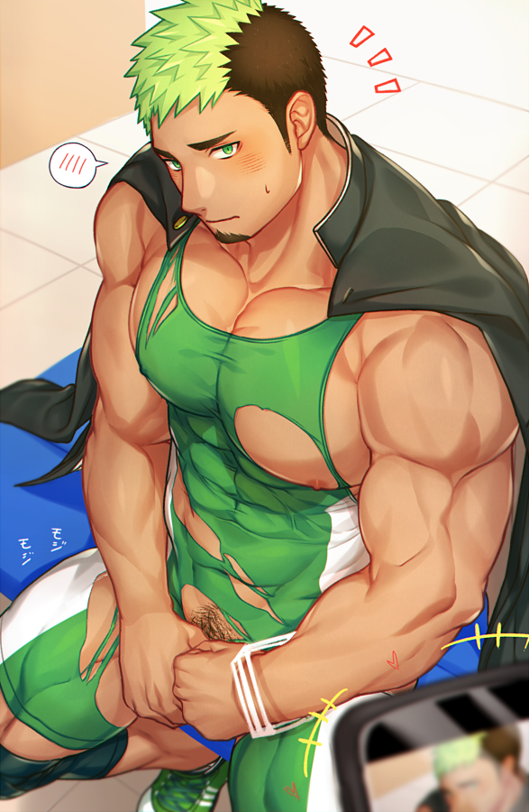 1boy, abs, bara, bare_arms, bare_pectorals, black_hair, blush, bodysuit