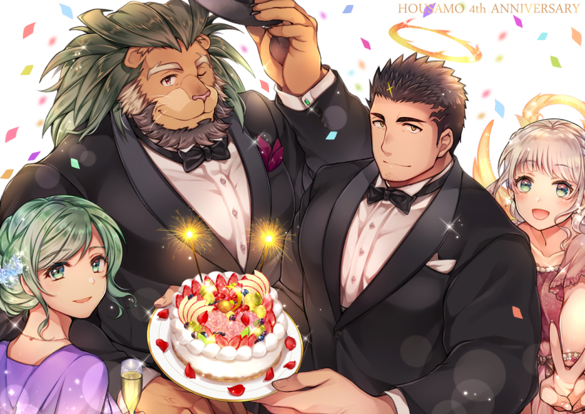 2boys, 2girls, animal_ears, arsalan_(tokyo_houkago_summoners), bara, beard, black_hair, black_suit