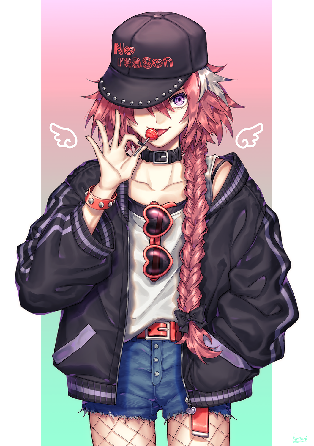 1boy, astolfo_(fate), baggy_clothes, belt, black_nails, bow, braid, braided_ponytail, candy, choker, collar, collarbone, contemporary, english_text, fate/apocrypha, fate_(series), fishnets, food, hair_bow, hand_in_pocket, hat, heart, heart-shaped_eyewear, highres, jacket, kiritani846, lollipop, long_hair, looking_at_viewer, male_focus, nail_polish, one_eye_covered, pink_hair, purple_eyes, shorts, single_braid, smile, solo, sunglasses, tank_top, tongue, tongue_out, trap