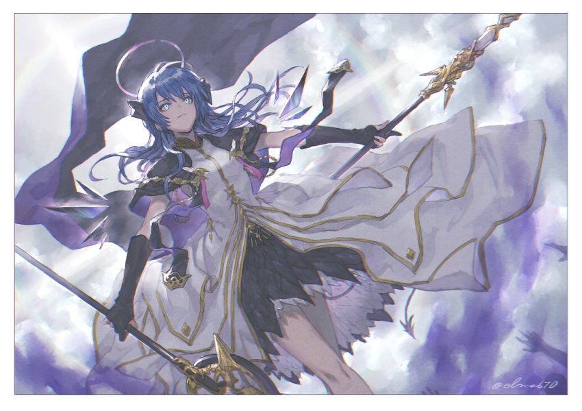 1girl, arknights, artist_name, black_gloves, blue_eyes, blue_hair, bracer, breasts