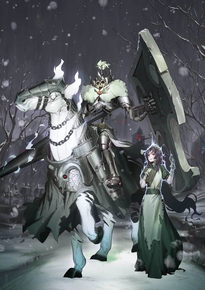 1girl, 1other, absurdres, apron, armor, armored_boots, aura, bandaged_arm, bandages, barding, black_dress, boots, breastplate, cape, city, clipboard, demon, dress, full_body, fur_collar, garter_straps, gloves, helmet, highres, holding, holding_clipboard, holding_lance, holding_polearm, holding_shield, holding_weapon, horse, in-universe_location, kafra_uniform, lance, long_dress, long_hair, looking_at_another, looking_at_viewer, looking_to_the_side, lord_of_death, maid, maid_apron, maid_headdress, open_mouth, pavianne_(ragnarok_online), polearm, puffy_short_sleeves, puffy_sleeves, purple_hair, ragnarok_online, raimei, red_eyes, riding, shield, short_sleeves, skeleton, snow, snowing, standing, torn_apron, torn_clothes, torn_dress, undead, waist_cape, weapon, white_cape, white_gloves