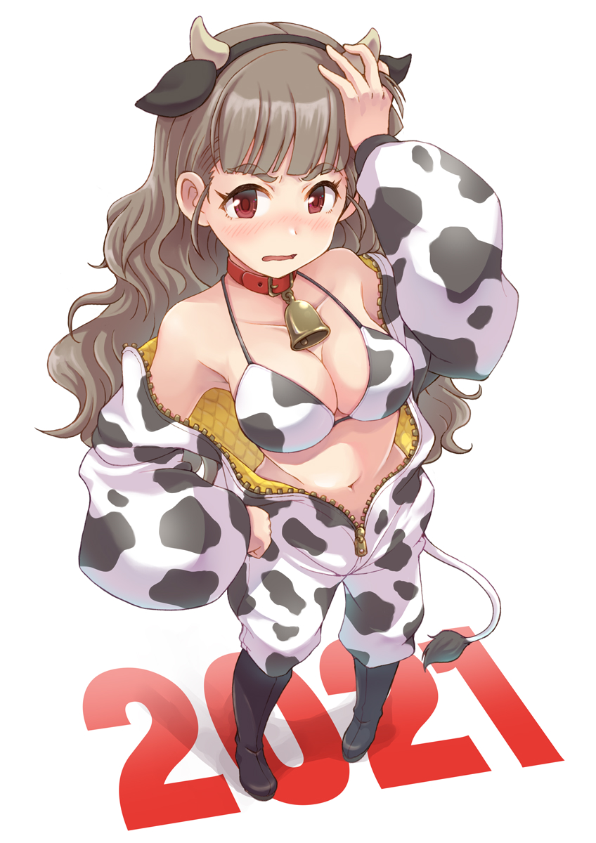 1girl, 2021, animal_collar, animal_costume, animal_ears, animal_print, bell, bikini, bikini_under_clothes, blunt_bangs, blush, breasts, brown_hair, chinese_zodiac, cleavage, collar, commentary, cow_costume, cow_ears, cow_print, cow_tail, eyebrows, fake_animal_ears, fake_tail, frown, full_body, hand_on_own_hip, hand_on_own_head, highres, idolmaster, idolmaster_cinderella_girls, jumpsuit_pull, kamiya_nao, large_breasts, long_hair, long_sleeves, looking_at_viewer, navel, neck_bell, new_year, open_mouth, print_bikini, print_jumpsuit, red_collar, red_eyes, satomura_kyou, solo, standing, swimsuit, tail, unzipped, white_background, white_bikini, year_of_the_ox