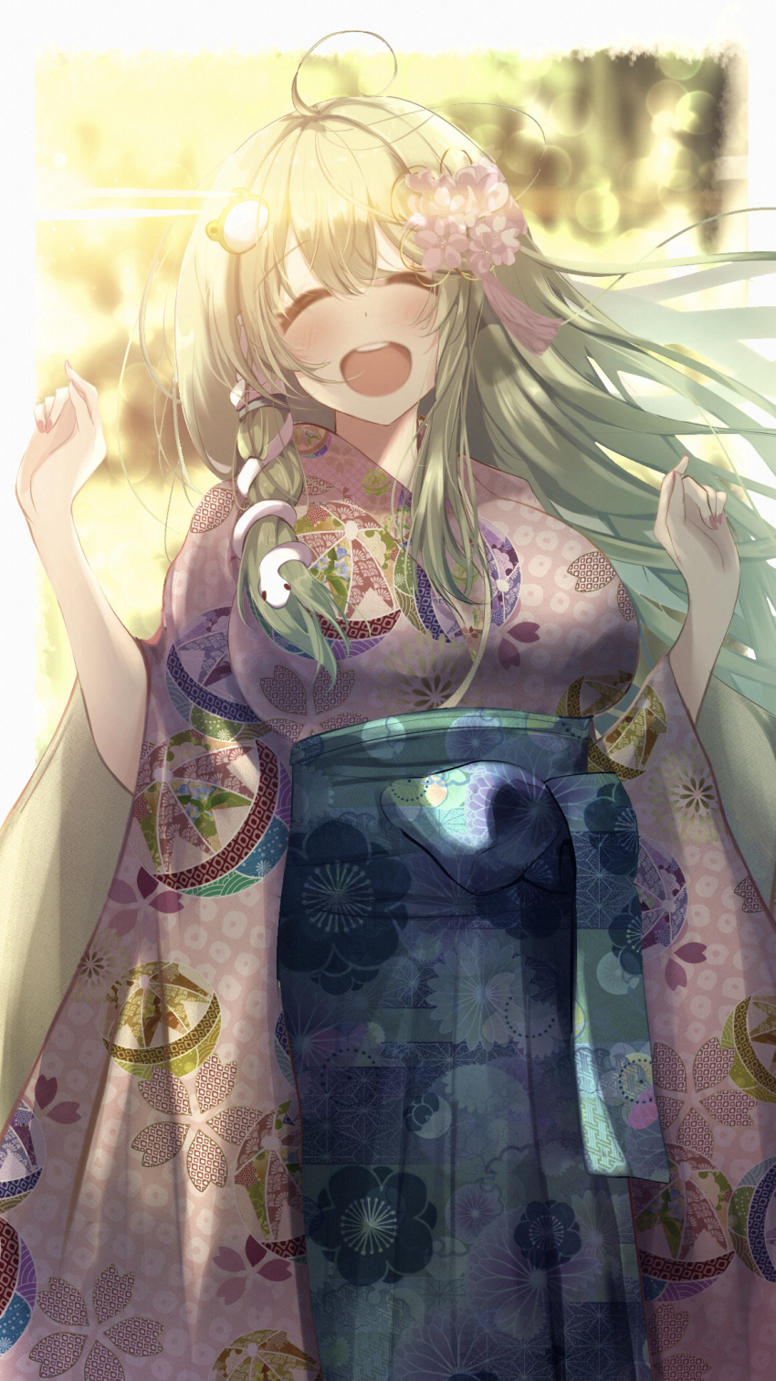 1girl, :d, ^_^, ahoge, bad_id, bad_pixiv_id, bloom, blurry