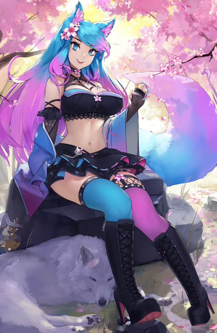 1girl, animal_ear_fluff, animal_ears, blue_eyes, blue_hair, boots, breasts, cherry_blossoms