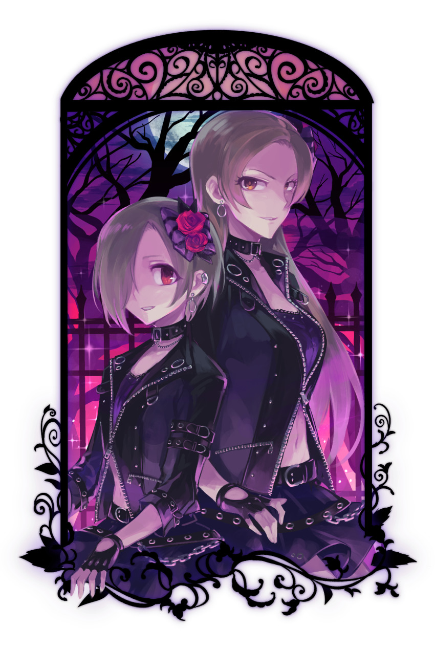 2girls, bad_id, bad_pixiv_id, brown_hair, chain, choker, ear_piercing, einohiraki, fence, fingerless_gloves, gloves, hair_ornament, height_difference, highres, idolmaster, idolmaster_cinderella_girls, jacket, leather, leather_jacket, long_hair, looking_at_viewer, matsunaga_ryo, multiple_girls, piercing, red_eyes, shirasaka_koume, short_hair, skirt, smile, sparkle, tree