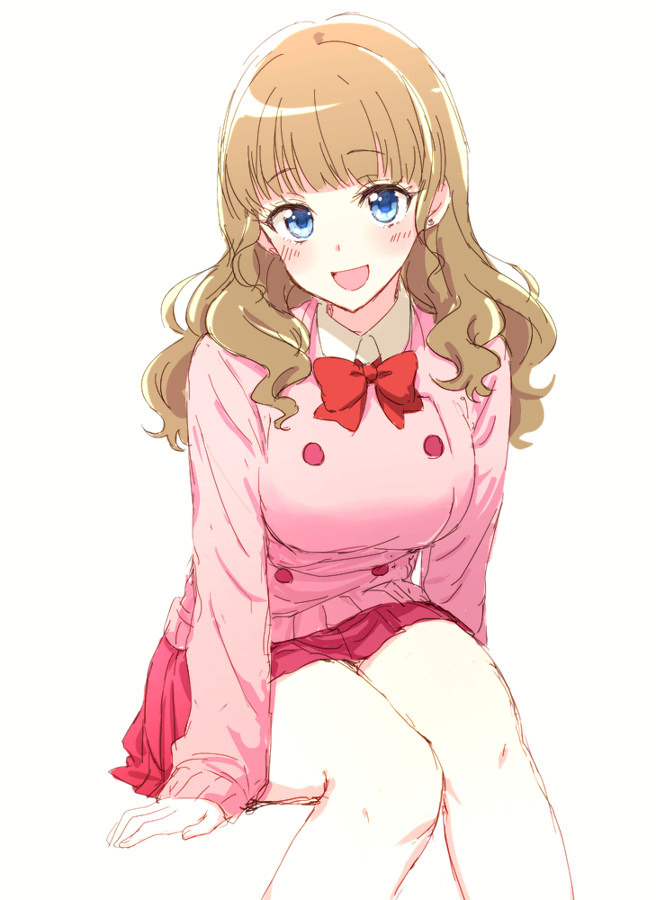 :d, arm_support, bare_legs, blue_eyes, blunt_bangs, blush, bow, bowtie, breasts, collared_shirt, cowboy_shot, earrings, hair_over_shoulder, ichigo_junior_high_uniform, jewelry, knees_together_feet_apart, large_breasts, leaning_forward, light_brown_hair, long_hair, long_sleeves, mewkledreamy, open_mouth, pink_skirt, pink_sweater, red_bow, red_bowtie, sbs, shirt, simple_background, sitting, skirt, sleeves_past_wrists, smile, solo, star_(symbol), star_in_eye, sweater, symbol_in_eye, tsukishima_maira, wavy_hair, white_background, white_shirt