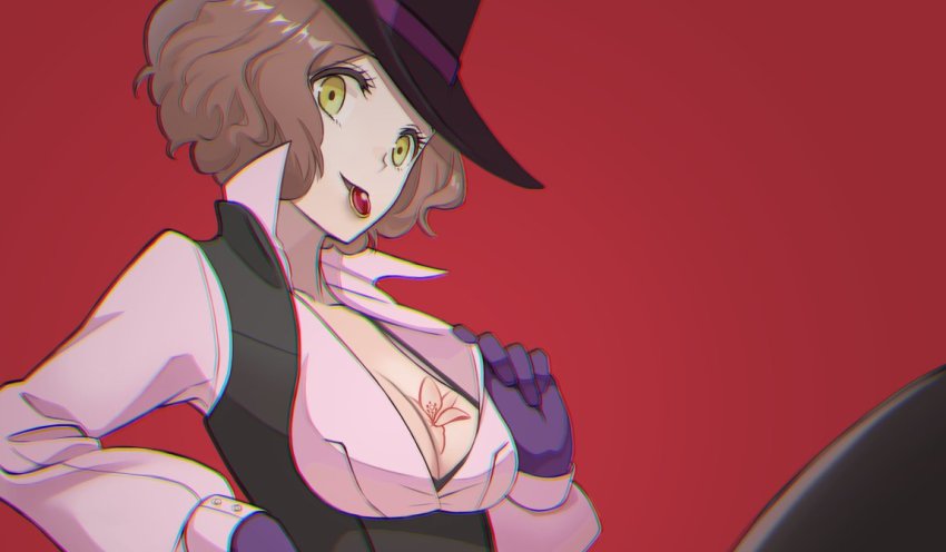 1girl, black_bra, black_hat, black_legwear, bra, bra_peek, breasts, brown_hair