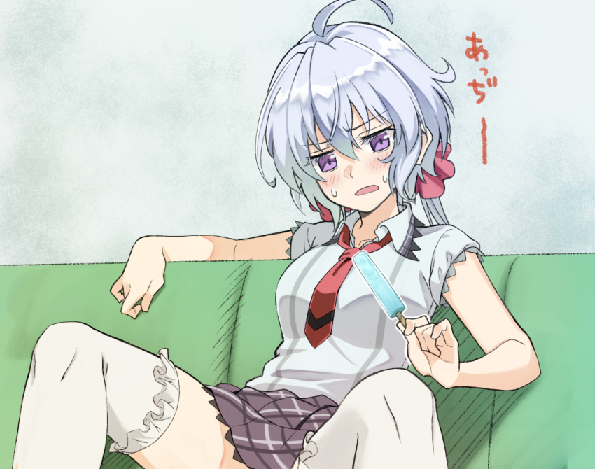 1girl, ahoge, collared_shirt, food, frilled_thighhighs, frills, grey_background, grey_skirt