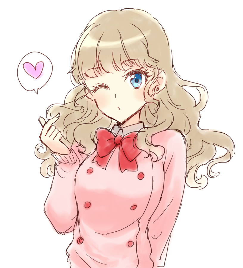 1girl, ;o, beckoning, blowing_kiss, blunt_bangs, blush, bow, bowtie