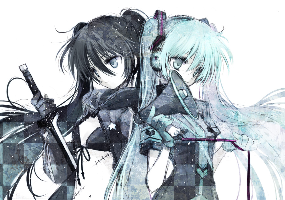 10s, 2girls, aqua_eyes, aqua_hair, black_hair, black_rock_shooter, black_rock_shooter_(character), bra