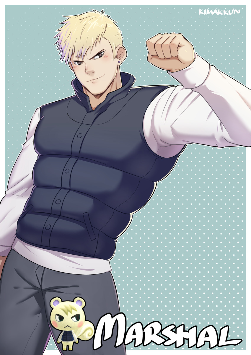 1boy, absurdres, animal_crossing, artist_name, bara, black_eyes, blonde_hair, blue_background