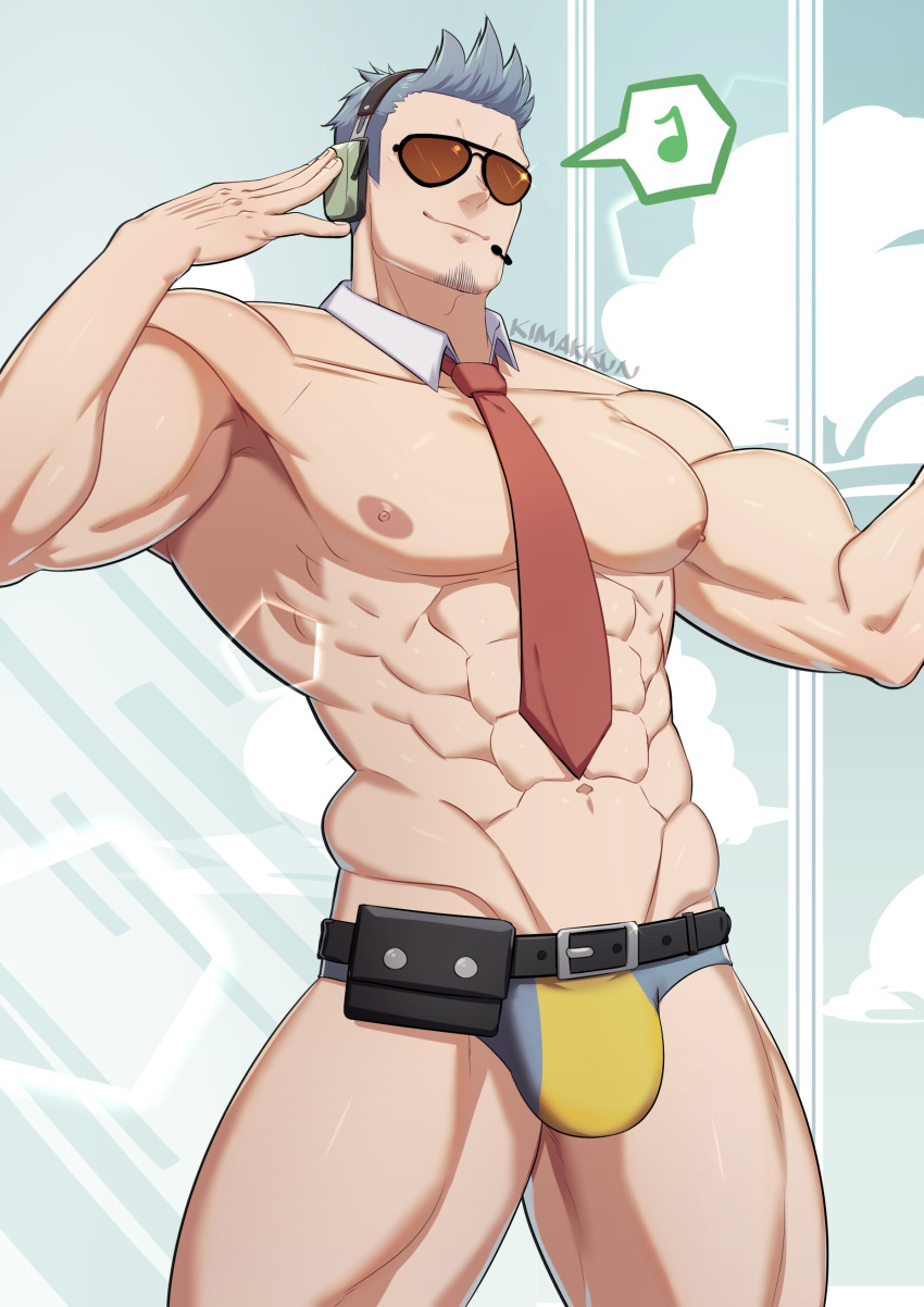 1boy, abs, absurdres, animal_crossing, animal_crossing:_new_horizons, artist_name, bara, belt, between_pectorals, black_belt, black_male_swimwear, blue_hair, bulge, collarbone, commentary_request, cowboy_shot, detached_collar, eighth_note, hand_up, headphones, highres, humanization, kimakkun, large_pectorals, male_focus, male_swimwear, muscular, muscular_male, musical_note, navel, necktie, necktie_between_pectorals, nintendo, nipples, pectorals, red_necktie, short_hair, solo, spoken_musical_note, sunglasses, swim_briefs, topless_male, very_short_hair, wilbur_(animal_crossing), yellow_male_swimwear