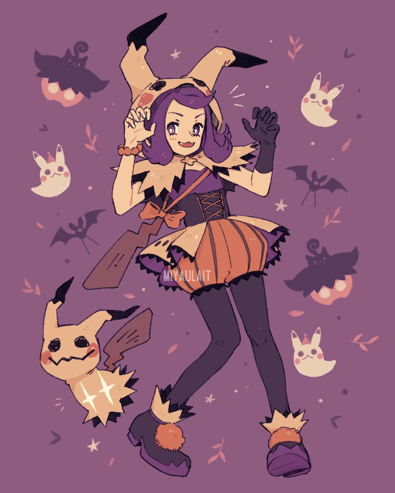 1girl, :3, acerola_(fall_2020)_(pokemon), acerola_(pokemon), artist_name, bead_bracelet, beads, black_pantyhose, bow, bracelet, bright_pupils, claw_pose, commentary, english_commentary, eyelashes, fang, gen_1_pokemon, gen_6_pokemon, gen_7_pokemon, gloves, halloween, halloween_costume, hood, hood_up, jewelry, light_blush, medium_hair, mimikyu, miyaulait, nintendo, official_alternate_costume, open_mouth, orange_bow, pantyhose, pigeon-toed, pikachu, pokemon, pokemon_(creature), pokemon_masters_ex, pumpkaboo, purple_background, purple_eyes, purple_hair, single_glove, smile, watermark, zubat