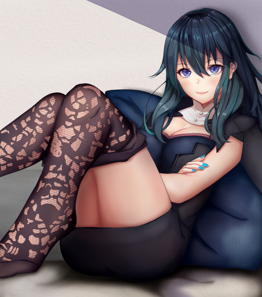 1girl, black_dress, blue_eyes, blue_hair, blue_nails, blush, breasts, brown_pantyhose